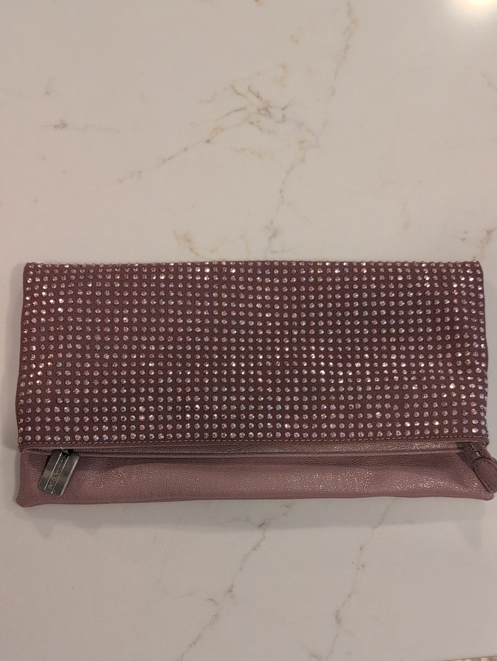 BCBGeneration Rhinestone Fold-Over Clutch Bag in Dusty Rose. Like New